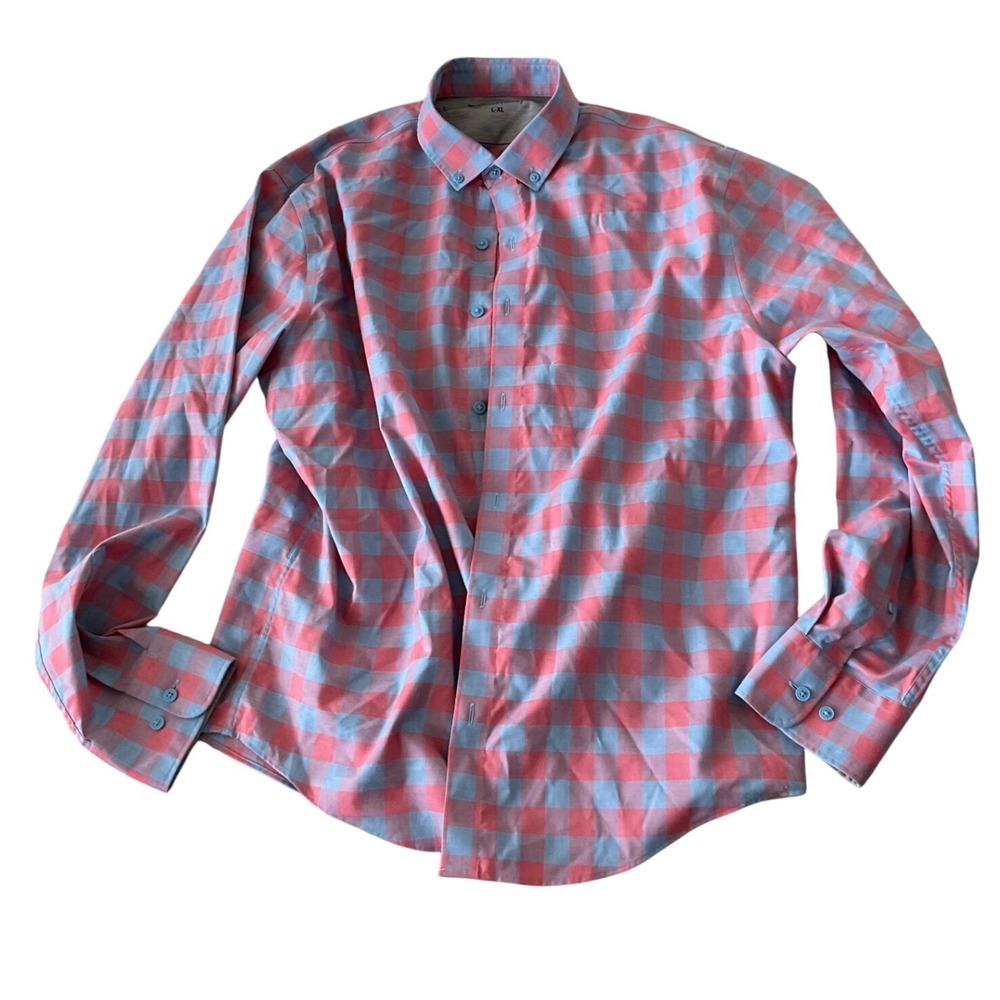 TWILLORY untuckable LXL Plaid Button Down Shirt Coral‎ Blue Long Sleeve